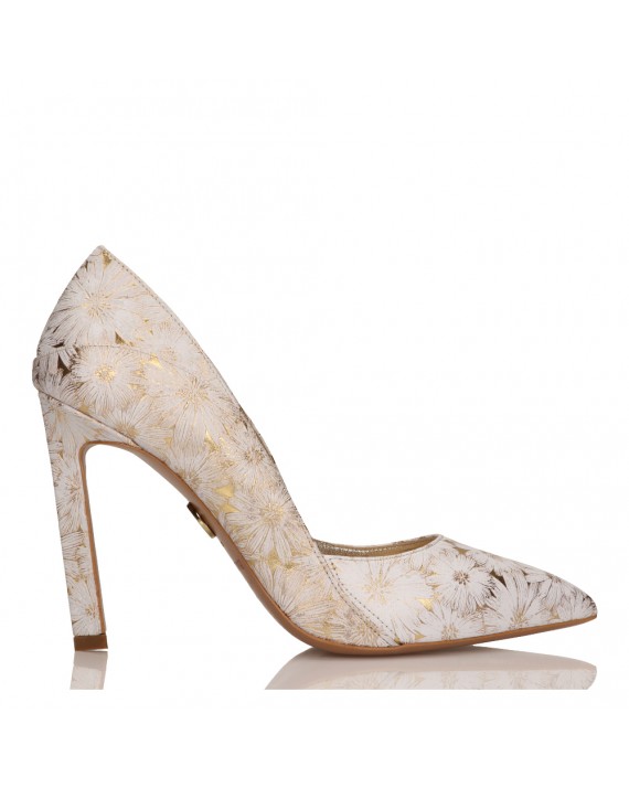 Gold heels with a floral pattern