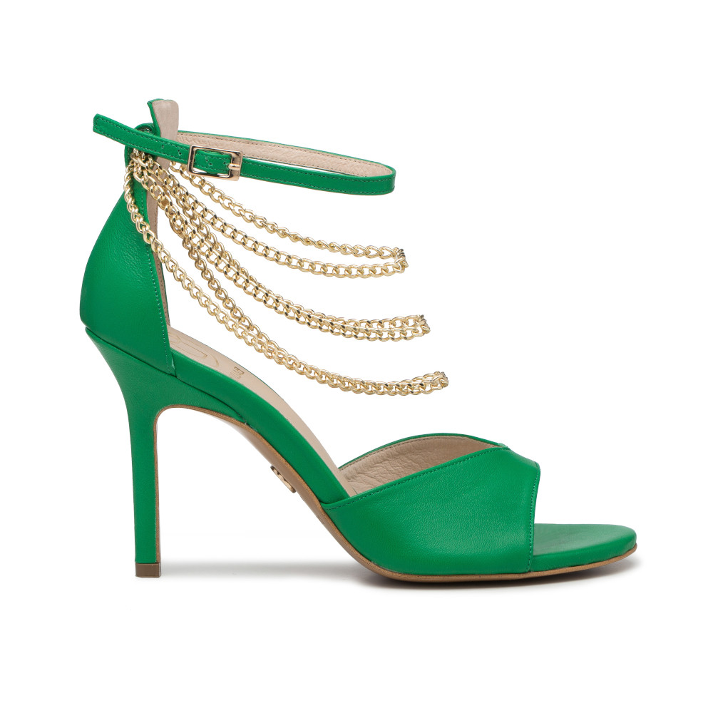 Sandały na szpilce zielone z łańcuszkiem