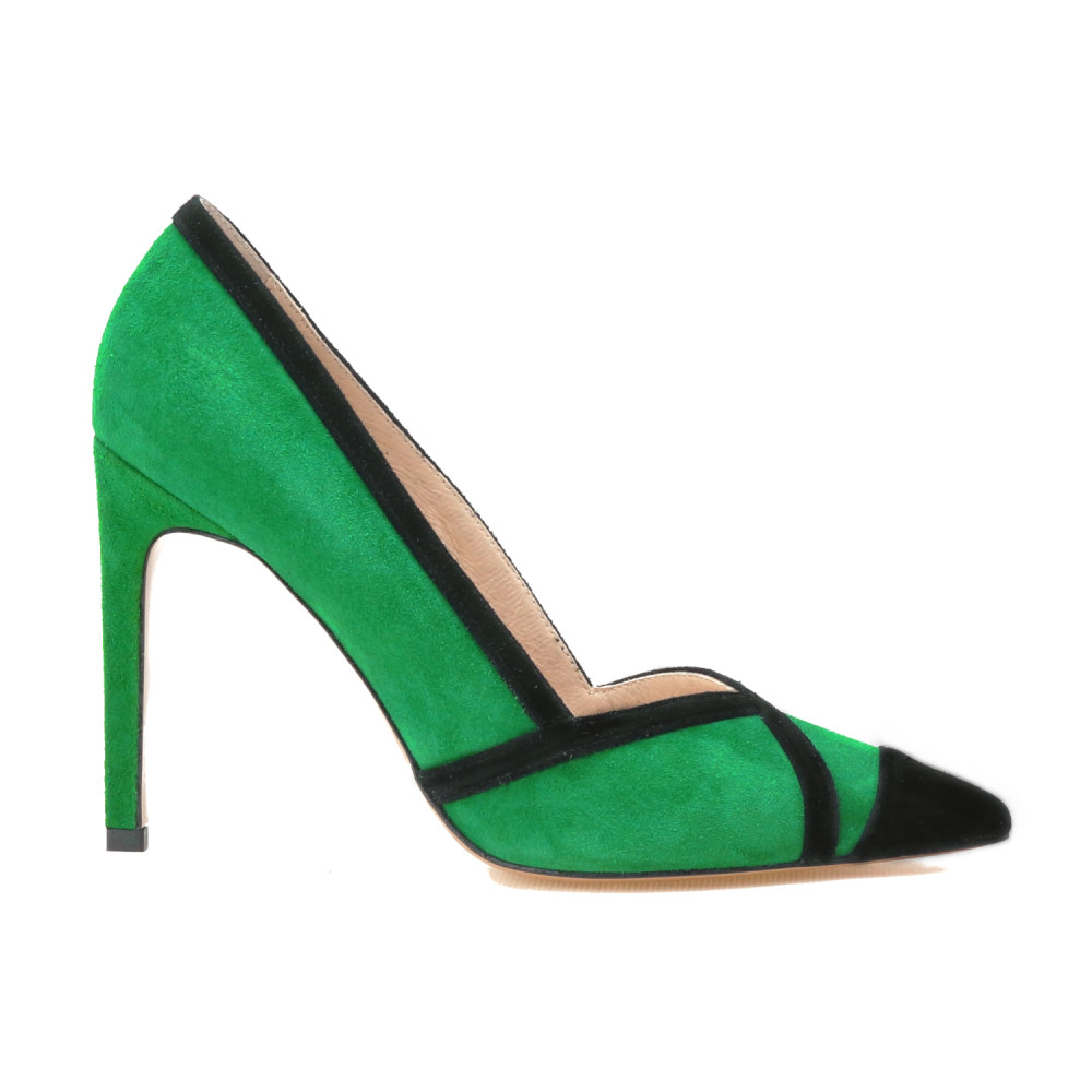 Green and black suede pumps